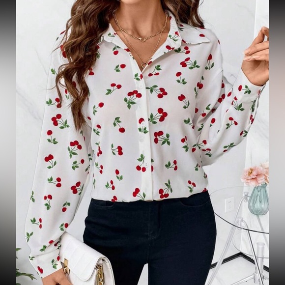 Tops - Classic Work Cherry Print Office Top Button Down Up Shirt Blouse White Red